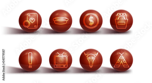 Set line Casino chip and playing cards, Baseball bat, Potatoes french fries box, Buffalo skull, Retro tv, Hotdog sandwich, Indian teepee or wigwam and Coin money with dollar icon. Vector
