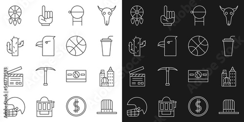 Set line Patriotic American top hat, City landscape, Paper glass with straw, Barbecue grill, Eagle head, Cactus, Dream catcher feathers and Basketball ball icon. Vector photo
