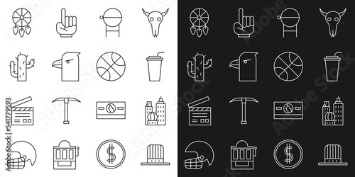 Set line Patriotic American top hat, City landscape, Paper glass with straw, Barbecue grill, Eagle head, Cactus, Dream catcher feathers and Basketball ball icon. Vector