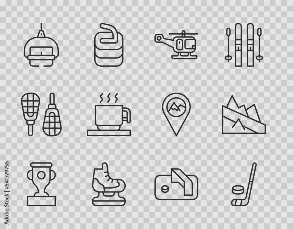 Fototapeta premium Set line Award cup, Ice hockey stick and puck, Rescue helicopter, Skates, Ski lift, Hot chocolate, goal and Mountain descent icon. Vector
