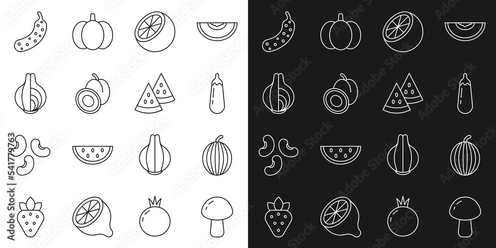 Set line Mushroom, Watermelon, Eggplant, Orange fruit, Plum, Onion, Fresh cucumber and icon. Vector Set line Mushroom, Watermelon, Eggplant, Orange fruit, Plum, Onion, Fresh cucumber and icon. Vector