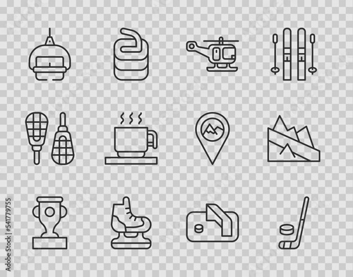 Set line Award cup, Ice hockey stick and puck, Rescue helicopter, Skates, Ski lift, Hot chocolate, goal and Mountain descent icon. Vector