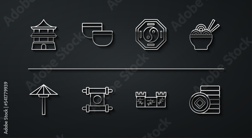 Set line Chinese house, Japanese umbrella from the sun, Asian noodles bowl, Great wall of China, Decree, paper, parchment, scroll, tea ceremony, Yuan currency and Yin Yang icon. Vector