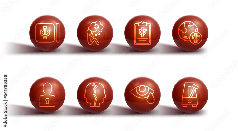 Set line Psychology, Psi, Solution to the problem, Tear cry eye, Bipolar disorder, Helping hand, Metronome with pendulum and icon. Vector Set line Psychology, Psi, Solution to the problem, Tear cry eye, Bipolar disorder, Helping hand, Metronome with pendulum and icon. Vector