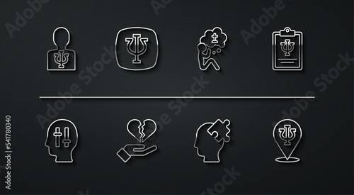 Set line Psychology, Psi, Solution to the problem, Broken heart or divorce, and Man graves funeral sorrow icon. Vector