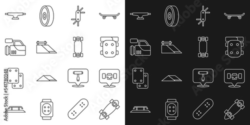Set line Longboard or skateboard, Skateboard wheel, Knee pads, Tool allen keys, park, Cinema camera, and icon. Vector