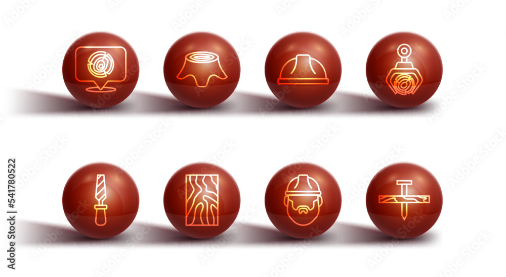 Set line Wooden logs, Rasp metal file, Grapple crane grabbed, Lumberjack, beam, Tree stump, Metallic nail and Worker safety helmet icon. Vector Set line Wooden logs, Rasp metal file, Grapple crane grabbed, Lumberjack, beam, Tree stump, Metallic nail and Worker safety helmet icon. Vector