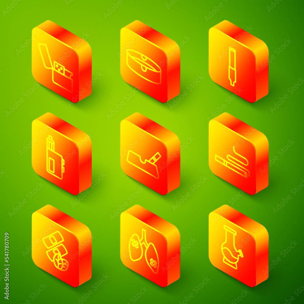 Set line Lighter, Ashtray, Cigarette, Vape mod device, with cigarette, Medical nicotine patches and Disease lungs icon. Vector Set line Lighter, Ashtray, Cigarette, Vape mod device, with cigarette, Medical nicotine patches and Disease lungs icon. Vector