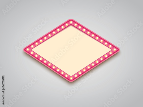 Antique shape marquee vintage 3d lightbox with glowing bulb. Pink color retro frame design vector illustration.