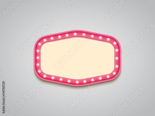 Antique shape marquee vintage 3d lightbox with glowing bulb. Pink color retro frame design vector illustration.