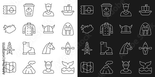 Set line Whale tail, Kayak and paddle, Walrus animal, Viking head, Sweater, Map of Iceland, Ticket and horned helmet icon. Vector