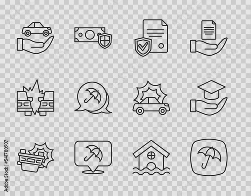 Set line Car accident, Umbrella, Contract with shield, insurance, House flood and Education grant icon. Vector