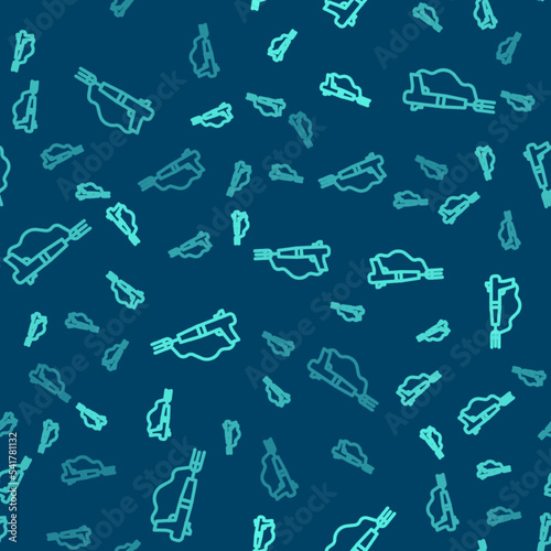Green line Fishing harpoon icon isolated seamless pattern on blue background. Fishery manufacturers for catching fish under water. Diving underwater equipment. Vector