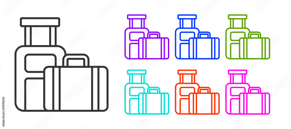 Black line Suitcase for travel icon isolated on white background. Traveling baggage sign. Travel luggage icon. Set icons colorful. Vector Black line Suitcase for travel icon isolated on white background. Traveling baggage sign. Travel luggage icon. Set icons colorful. Vector