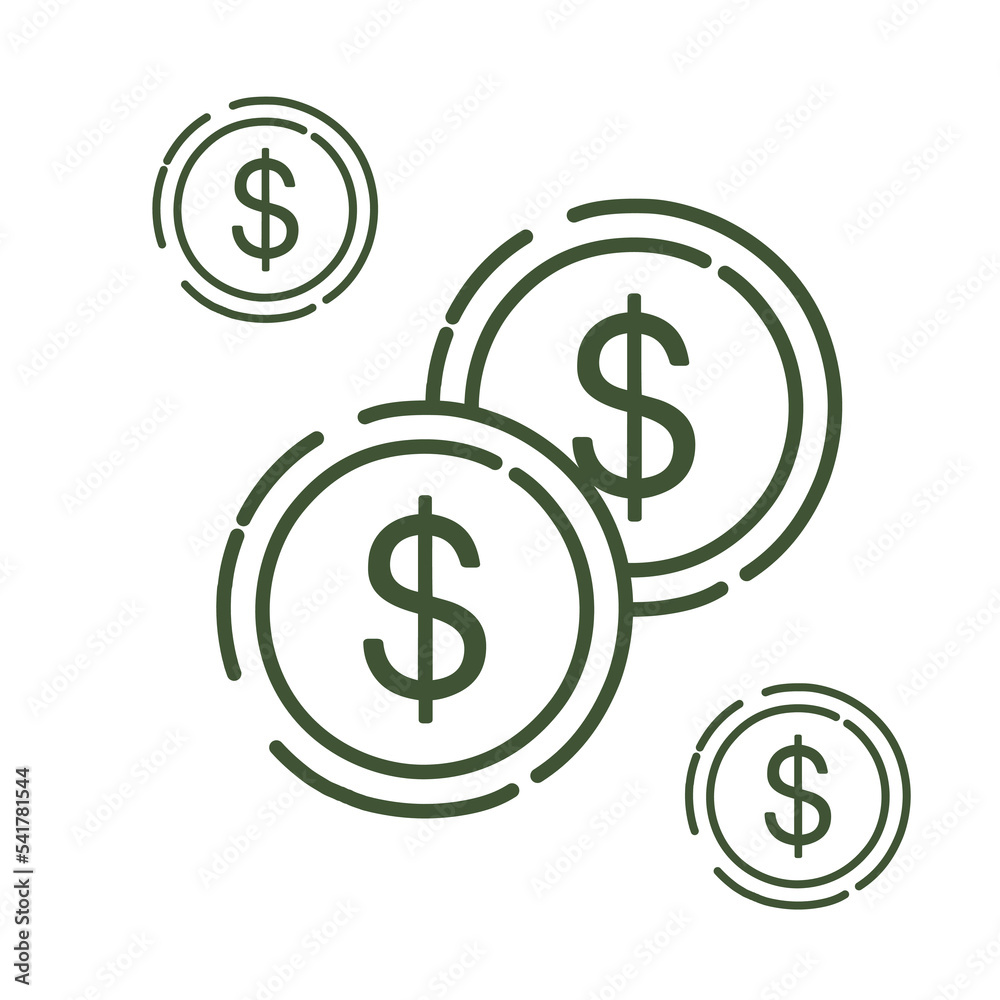 Golden coins with dollar symbol green outline design vector illustration isolated on white background Golden coins with dollar symbol green outline design vector illustration isolated on white background