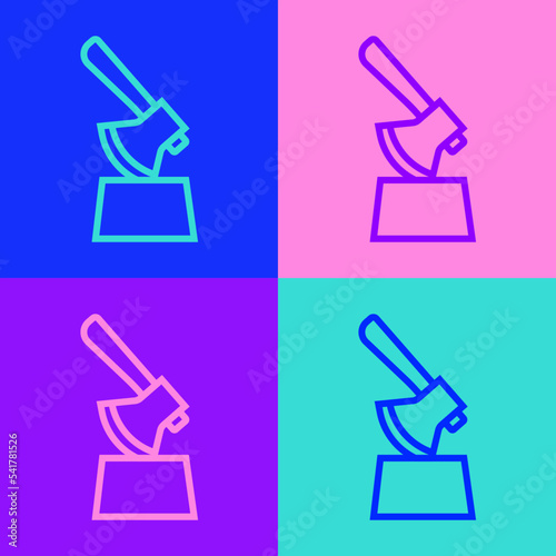 Pop art line Wooden axe in stump icon isolated on color background. Lumberjack axe. Axe stuck in wood. Chopping wood. Vector