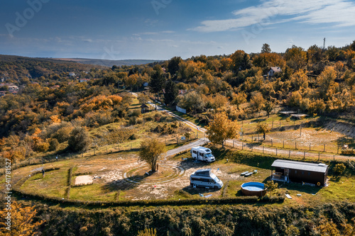 drone view of an idyllic campground in the Cherni Lom Valley near Koshov in Bulgaria photo