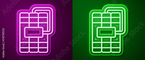 Glowing neon line Detonate dynamite bomb stick and timer clock icon isolated on purple and green background. Time bomb - explosion danger concept. Vector