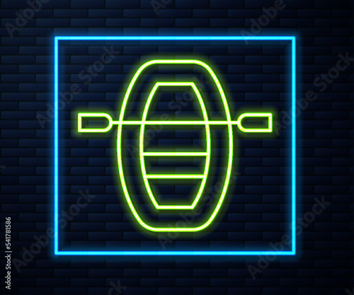 Glowing neon line Boat with oars icon isolated on brick wall background. Water sports, extreme sports, holiday, vacation, team building. Vector