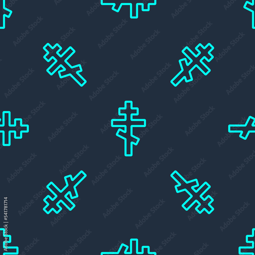 Green line Christian cross icon isolated seamless pattern on blue background. Church cross. Vector Green line Christian cross icon isolated seamless pattern on blue background. Church cross. Vector
