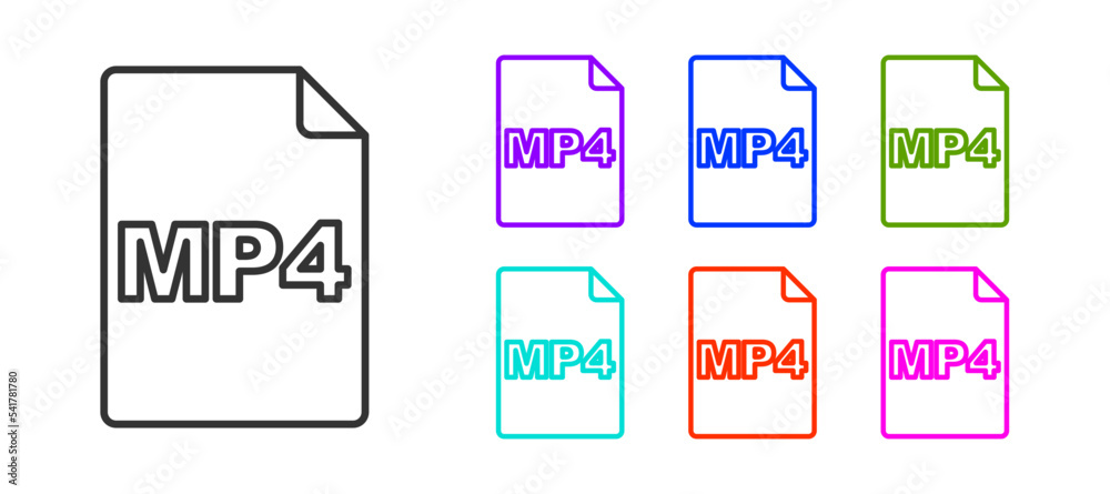 Black line MP4 file document. Download mp4 button icon isolated on white background. MP4 file symbol. Set icons colorful. Vector Black line MP4 file document. Download mp4 button icon isolated on white background. MP4 file symbol. Set icons colorful. Vector