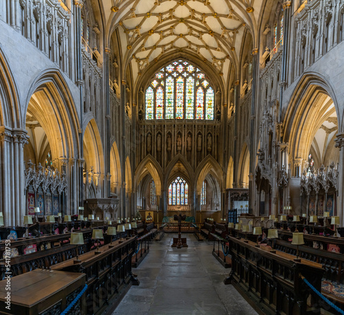 view of the Choir and central nave inside the historic Wells Cathedral