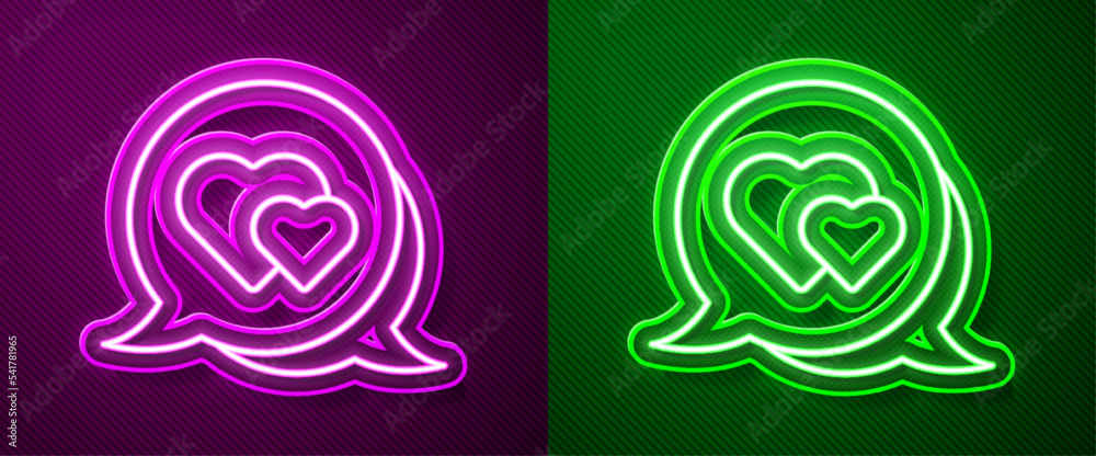 Glowing neon line Heart in speech bubble icon isolated on purple and green background. Happy Valentines day. Vector