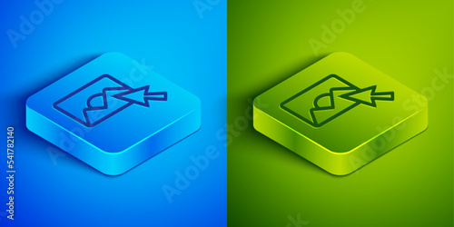 Isometric line Photo retouching icon isolated on blue and green background. Photographer, photography, retouch icon. Square button. Vector