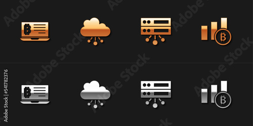 Set Mining bitcoin from laptop, Cryptocurrency cloud mining, Server and Pie chart infographic icon. Vector