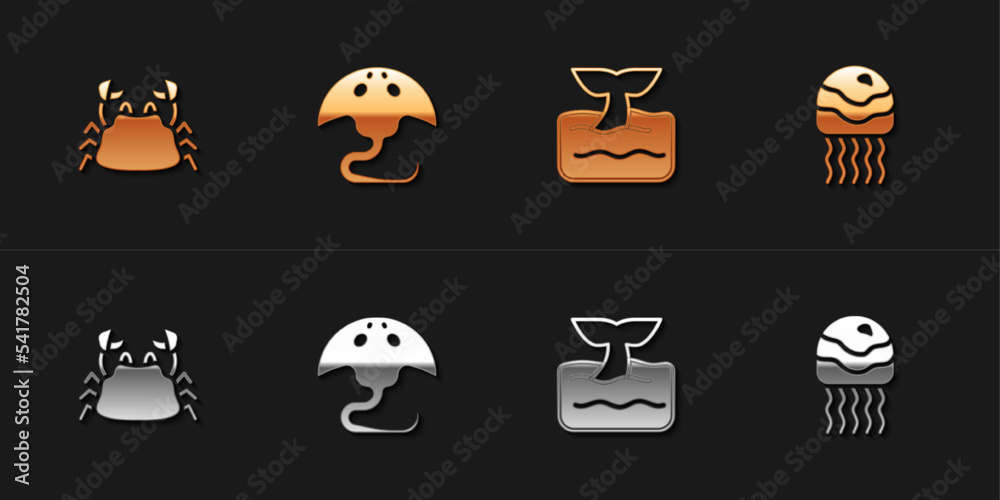Set Crab, Stingray, Whale tail ocean wave and Jellyfish icon. Vector