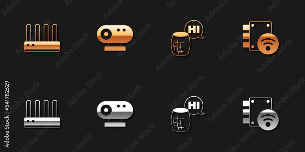 Set Router and wi-fi signal, Web camera, Voice assistant and Digital door lock icon. Vector