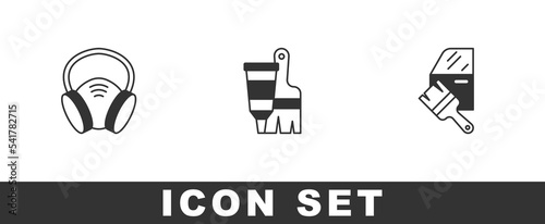 Set Gas mask, Tube with paint and brush and Car painting icon. Vector
