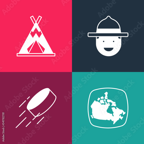 Set pop art Canada map, Hockey puck, Canadian ranger hat and Indian teepee or wigwam icon. Vector