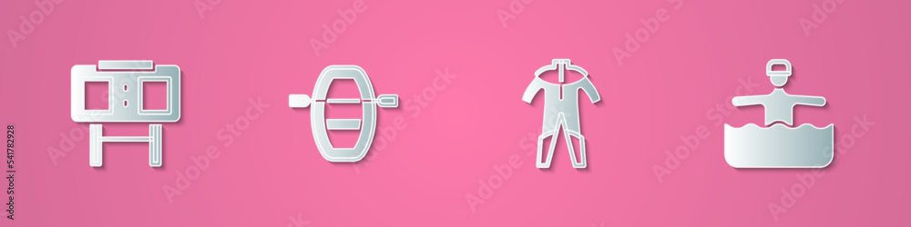 Set paper cut Sport mechanical scoreboard, Boat with oars, Wetsuit for scuba diving and Water gymnastics icon. Paper art style. Vector Set paper cut Sport mechanical scoreboard, Boat with oars, Wetsuit for scuba diving and Water gymnastics icon. Paper art style. Vector