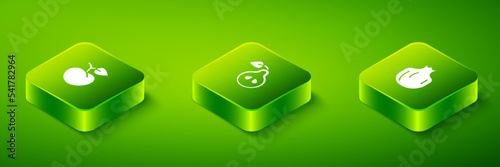 Set Isometric Pear, Pomegranate and Peach fruit or nectarine icon. Vector
