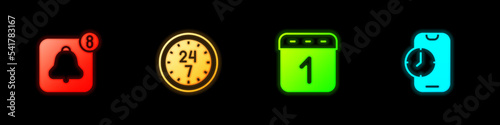 Set Alarm clock app mobile, Clock 24 hours, Calendar and icon. Vector