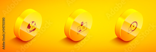 Set Isometric Globe and people, Identification badge and Work time icon. Vector