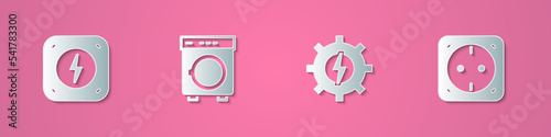 Set paper cut Lightning bolt, Washer, Gear and lightning and Electrical outlet icon. Paper art style. Vector