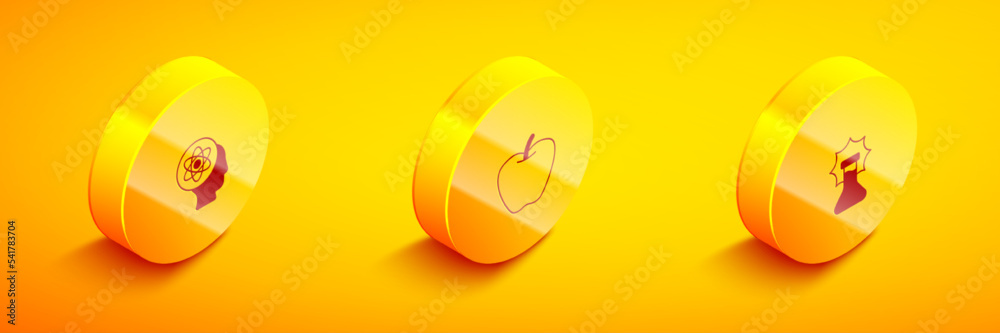 Set Isometric Atom, Apple and Explosion in the flask icon. Vector Set Isometric Atom, Apple and Explosion in the flask icon. Vector