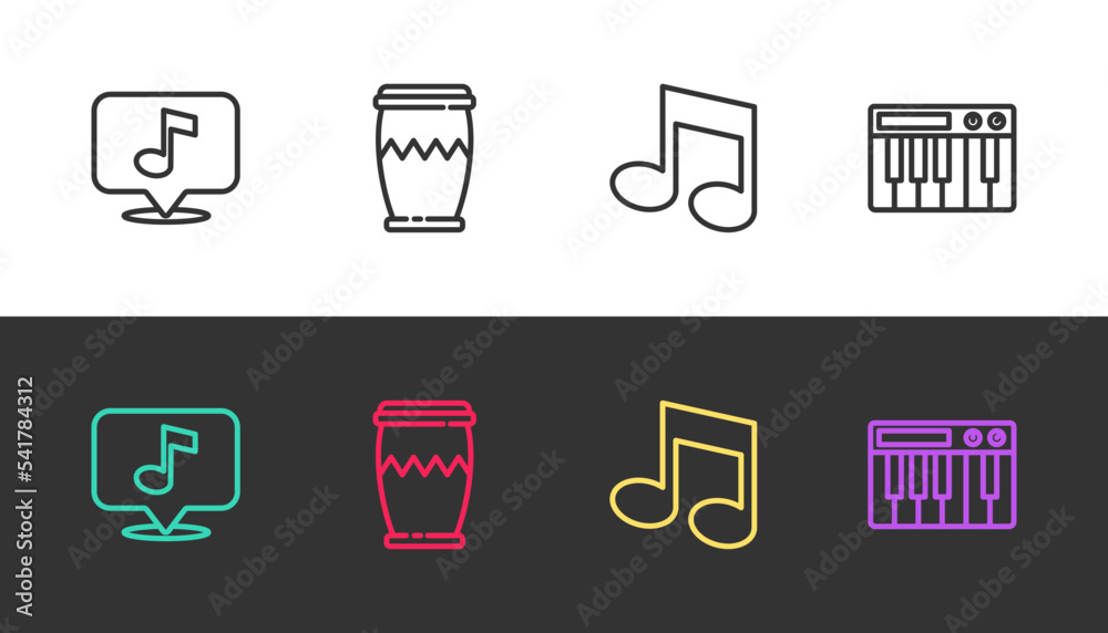 Set line Musical note, Drum, tone and synthesizer on black and white. Vector Set line Musical note, Drum, tone and synthesizer on black and white. Vector