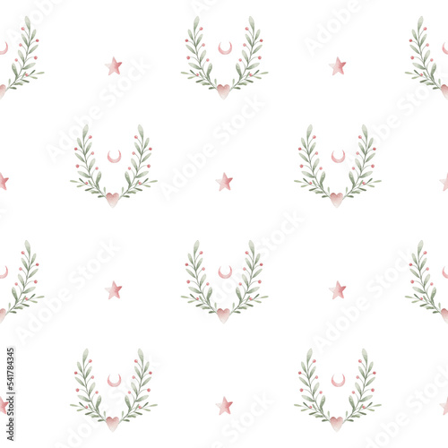 Seamless floral pattern. Pattern with branches with leaf and berries. Watercolor pattern with botanical elements.