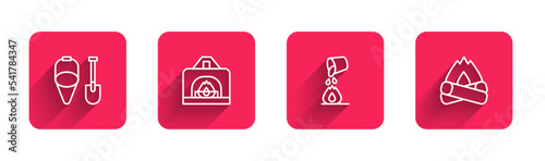 Set line Fire shovel and bucket, Interior fireplace, Bucket extinguishing and Campfire with long shadow. Red square button. Vector