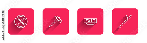 Set line No fire match, Firefighter axe, exit and Metal pike pole with long shadow. Red square button. Vector