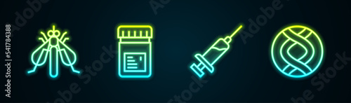 Set line Experimental insect, Jar with additives, Syringe and DNA symbol. Glowing neon icon. Vector