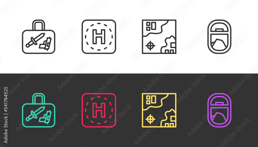 Set line Suitcase, Helicopter landing pad, World travel map and Airplane window on black and white. Vector