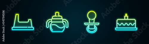 Set line Baby potty, bottle, dummy pacifier and Cake with burning candles. Glowing neon icon. Vector