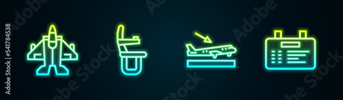 Set line Jet fighter, Airplane seat, Plane landing and Airport board. Glowing neon icon. Vector
