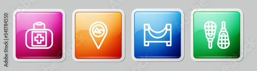 Set line First aid kit, Location with mountain, Skate park and Snowshoes. Colorful square button. Vector