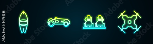 Set line Surfboard, Vintage sport racing car, Snowboard and Drone flying. Glowing neon icon. Vector