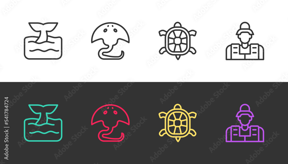 Set line Whale tail in ocean wave, Stingray, Turtle and Fisherman on black and white. Vector Set line Whale tail in ocean wave, Stingray, Turtle and Fisherman on black and white. Vector